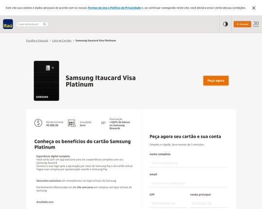 Samsung Itaucard - Cartão Platinum sem anuidade